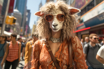 A woman wearing a sheep mask and sunglasses