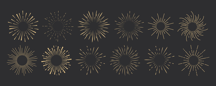 Set Golden Fireworks, Rays, Sunburst Frames Circle Border Decoration, Sparkle In Doodle Style, Line Sketch Explosion Isolated On Dark Background.