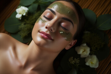 A relaxed, natural woman in a beauty salon during a facial treatment with a clay mask applied. The backdrop features lush greenery and flowers, creating a realaxing atmosphere.
