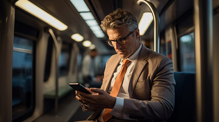 Businessman working on a commuter train - Generative AI