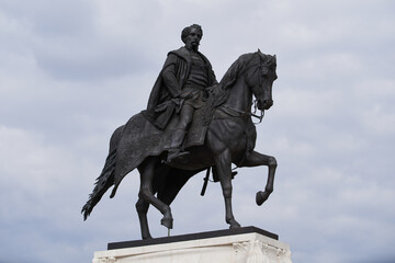 Bronze Statue of Gyula Andrássy, next to the Hungarian Parliament Building (Hungarian: Országház). Budapest, Hungary - 7 May, 2019