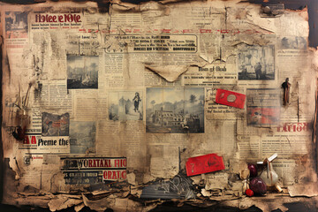 Wall covered in colorful newspapers. Old newspaper background.