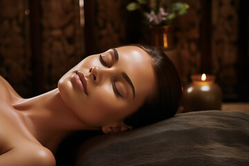 Obraz na płótnie Canvas A relaxed woman with closed eyes in a spa & wellness zone or rejuvenation room, bathed in ambient warm candlelight