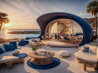 Luxury and opulence beach club / beach restaurant / beach bar in a rich futuristic retro design of...