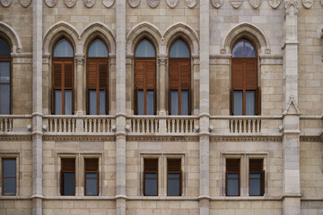 Exterior of Hungarian Parliament Building (Hungarian: Országház) in close up. Budapest, Hungary - 7 May, 2019