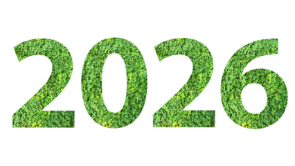 2026, year theme design made from green grass isolated on transparent background, PNG, suitable for template design