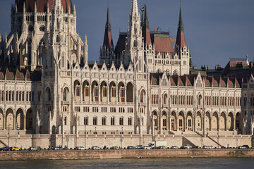 Close up of the Hungarian Parliament Building (Hungarian: Országház) exterior at sunset. Budapest, Hungary - 7 May, 2019