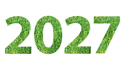 2027, year theme design made from green grass isolated on transparent background, PNG, suitable for...