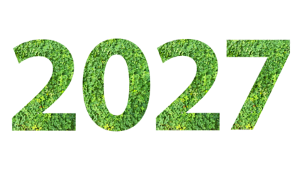 2027, year theme design made from green grass isolated on transparent background, PNG, suitable for template design