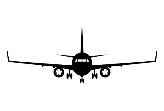 Airplane front black silhouette clipart isolated on white. Flat shape in stencil style. Simple vector picture for aircraft and civil aviation illustration, transport or air travel design, print.