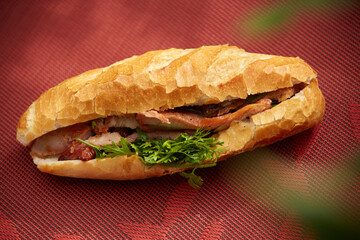 Banh Mi Heo Quay.Vietnamese bread with roasted pork and fresh herbs as scallions, coriander, carrot, cucumber, chilli