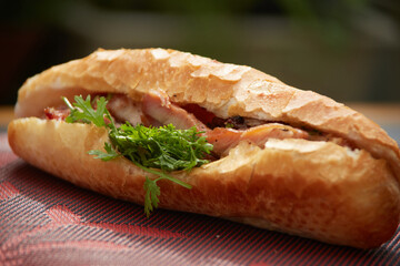 Banh Mi Heo Quay.Vietnamese bread with roasted pork and fresh herbs as scallions, coriander, carrot, cucumber, chilli