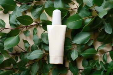 White blank cosmetic bottle tube mock up on the grey stone with green leaves