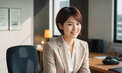 オフィスワーカー　笑顔のアジア人女性　OL　電話オペレーター　CEO　 - obrazy, fototapety, plakaty