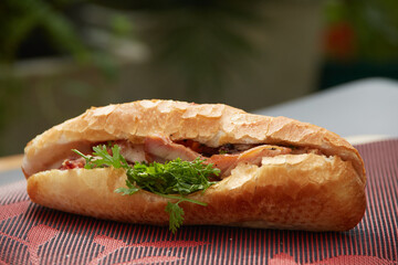 Banh Mi Heo Quay.Vietnamese bread with roasted pork and fresh herbs as scallions, coriander, carrot, cucumber, chilli