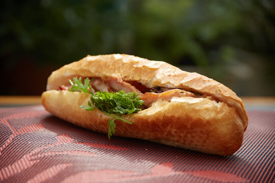 Banh Mi Heo Quay.Vietnamese bread with roasted pork and fresh herbs as scallions, coriander, carrot, cucumber, chilli