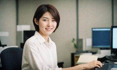 オフィスワーカー　笑顔のアジア人女性　OL　電話オペレーター　CEO　 - obrazy, fototapety, plakaty
