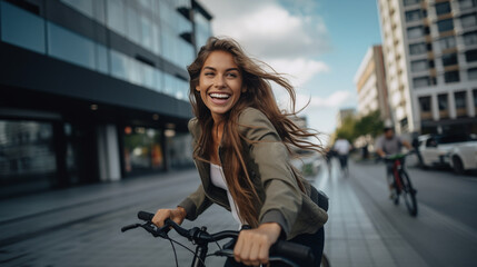 Fototapeta na wymiar Smiling young woman riding bicycle in the city - Generative AI