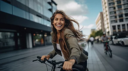 Tuinposter Smiling young woman riding bicycle in the city - Generative AI © seogi