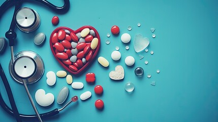 stethoscope red heart assorted pills and medical equipment - obrazy, fototapety, plakaty