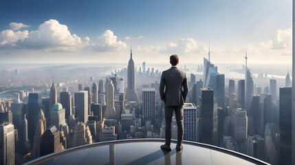 Businessman standing on top of a skyscraper and looking at the city - obrazy, fototapety, plakaty