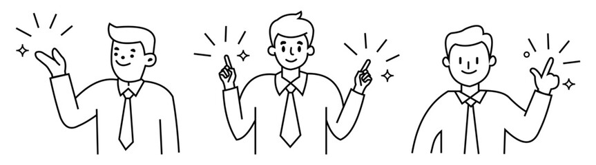 single black line illustration of man explaining point. vector