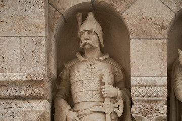 Statue of Hungarian warrior in the alcove of Fisherman's Bastion (Hungarian: Halászbástya). Budapest, Hungary - 7 May, 2019