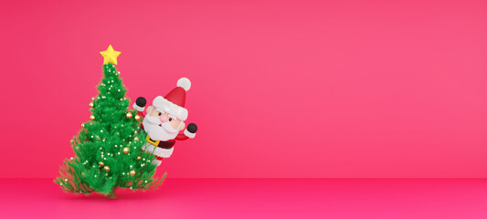 3D Render Santa hiding behind the Christmas tree illustration. Christmas banner design