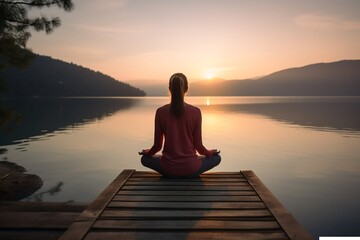 Woman sitting on lotus pose of meditation early morning, at sunset time outdoor - obrazy, fototapety, plakaty
