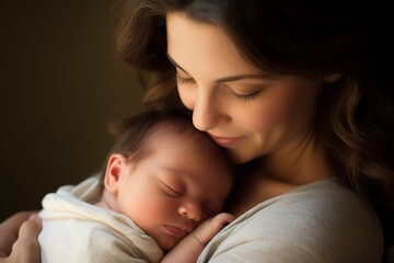 Portrait mom with her newborn child closeup. Feelings of motherhood.