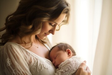 Fototapeta na wymiar Portrait mom with her newborn child closeup. Feelings of motherhood.