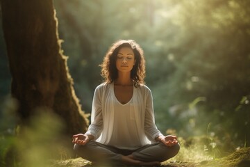Woman sitting on lotus pose of meditation early morning, at sunset time outdoor