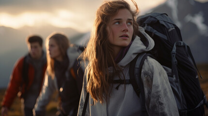 Fototapeta premium A teenage girl with a large backpack looking at a distant mountain while hiking with her friends. Close up. Generative AI