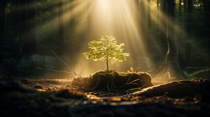 Tree stump in the forest, young tree, fresh green in a ray of light, embodies nature and a new beginning.