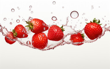 image of strawberry drop in splashes water on a white background