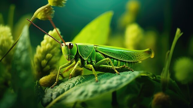 Macro shot of big green grasshopper. Grashopper sits
