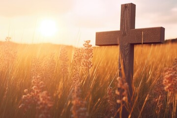 Christian cross on hill. Happy easter. Christian symbol of faith. Crucifix symbol in field against sunrise, sunset sky background. Death and resurrection of Jesus Christ