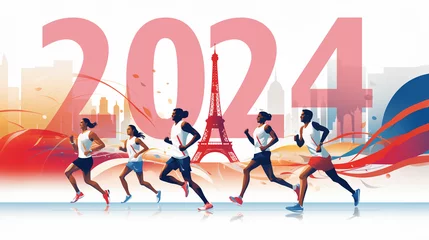 Gordijnen Paris olympics games France 2024 ceremony running sports Eiffel tower torch artwork painting commencement © The Stock Image Bank