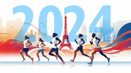 Tuinposter Paris olympics games France 2024 ceremony running sports Eiffel tower torch artwork painting commencement © The Stock Image Bank