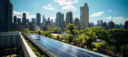 Solar energy system on the roof of a skyscraper in a megacity like New York