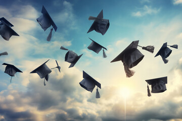 A Graduation caps floating in the sky. Blue sky. Clouds. Sun- Generative AI