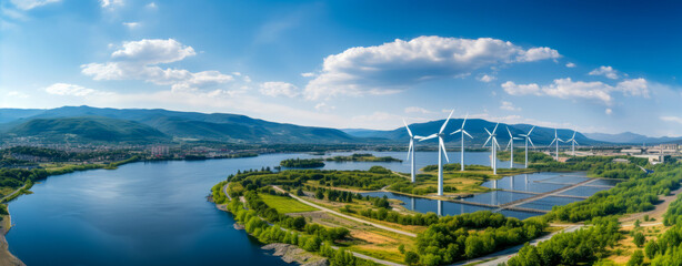 Wind turbines and photovoltaic fields next to a river, renewable energy from wind and sun and water. - obrazy, fototapety, plakaty