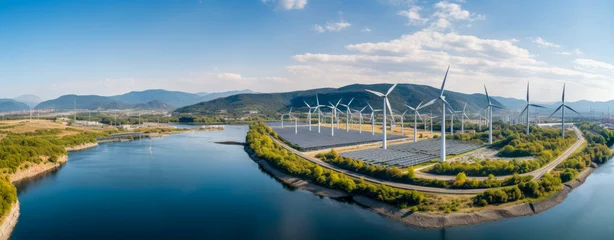 Fototapeten Wind turbines and solar park on a river, a panorama of energy generation from wind and sun. © Infini Craft