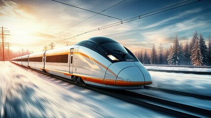 Modern high-speed train moving fast in winter morning.