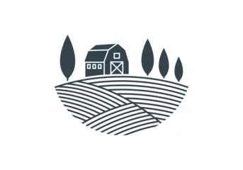 Rolgordijnen Farm logo with barn house and agriculture field. Rural icon, sign or label design. Countryside landscape emblem. Vector illustration. © metelsky25