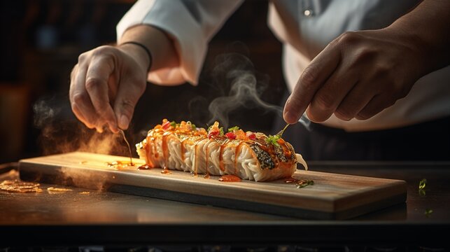 an image of a sushi chef torching the top of a spicy tuna roll