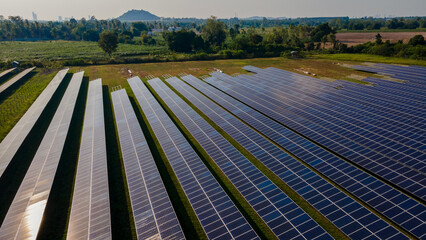 Sun power solar panel field in Thailand in the evening light, Solar panels system power generators from the sun.