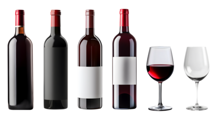 Set of red wine bottle with blank label and wine glass filled and empty on transparent background cutout, PNG file. Mockup template for artwork graphic design