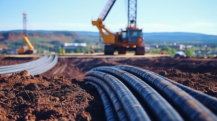Installation of underground cables to connect renewable energy to the power grid - obrazy, fototapety, plakaty