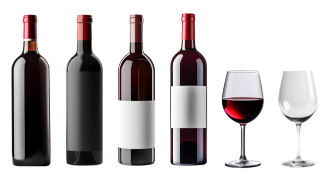 Set of red wine bottle with blank label and wine glass filled and empty on transparent background cutout, PNG file. Mockup template for artwork graphic design